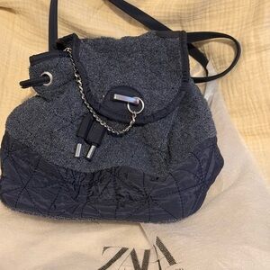 Zara Dark Blue Quilted & Terry Drawstring Backpack
